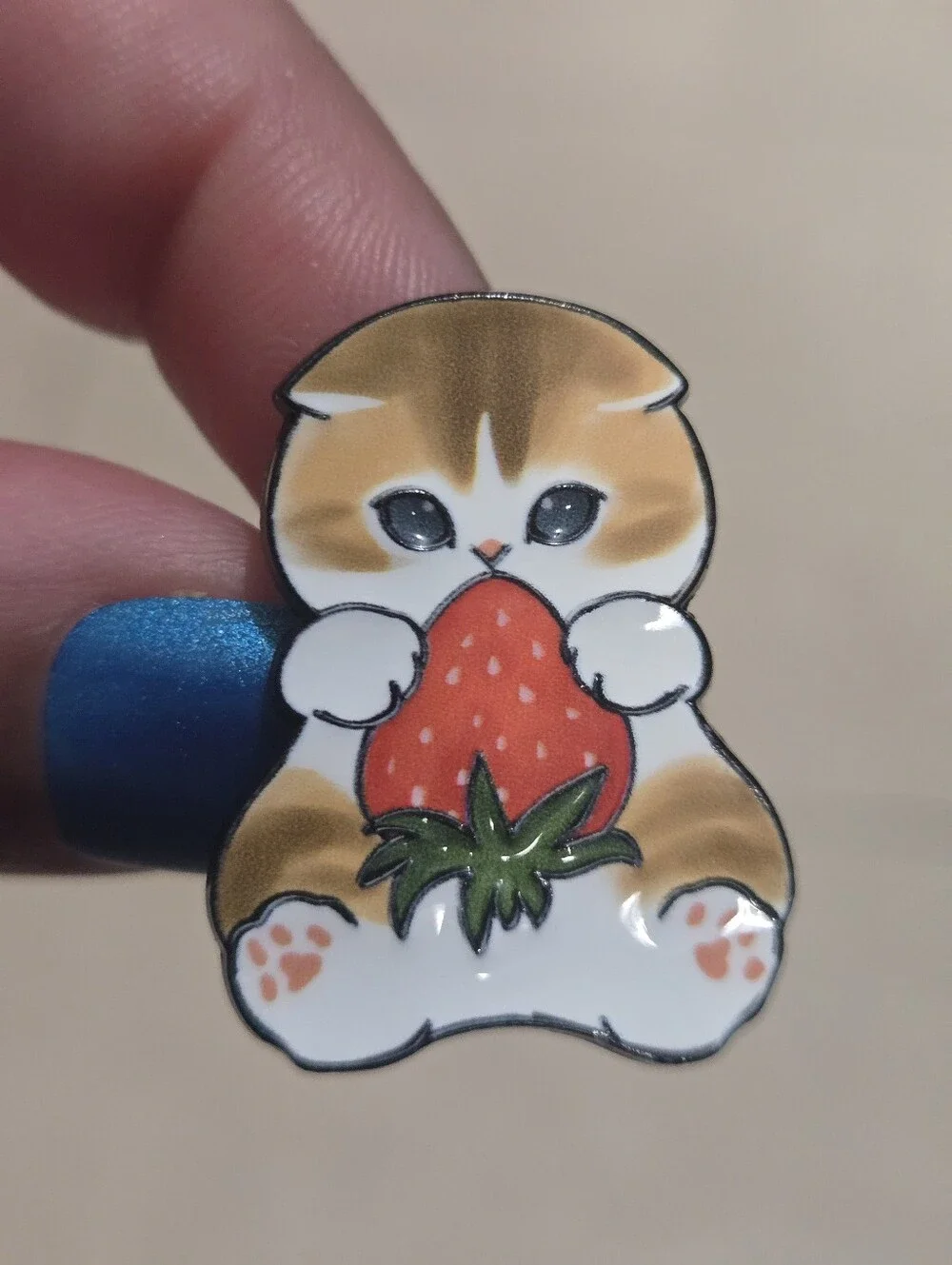 Cute Cat Holding Strawberry Enamel Pin - Brown & White with Red Strawberry